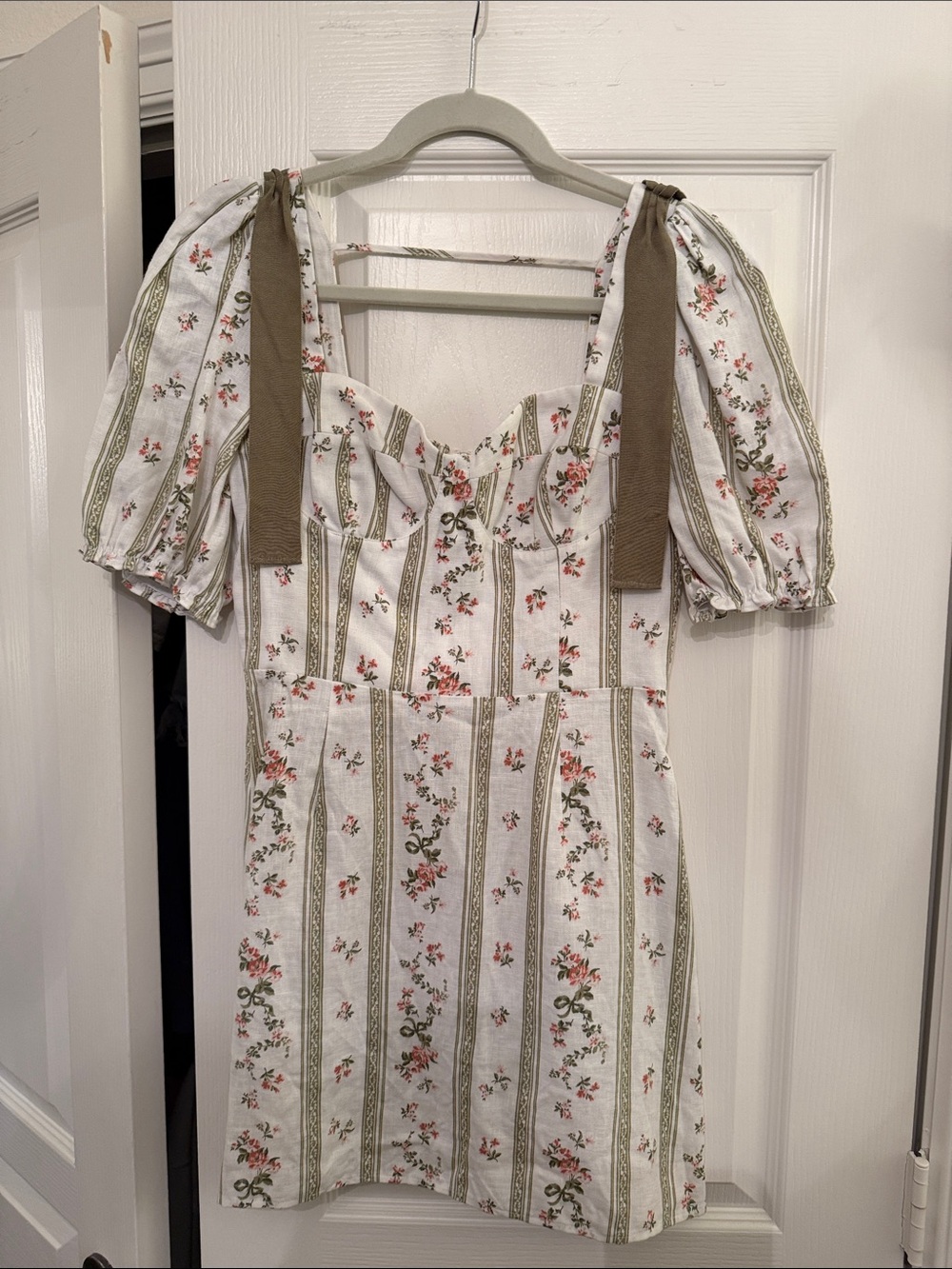 Reformation White Mini Dress with Olive Ties and Pink Floral